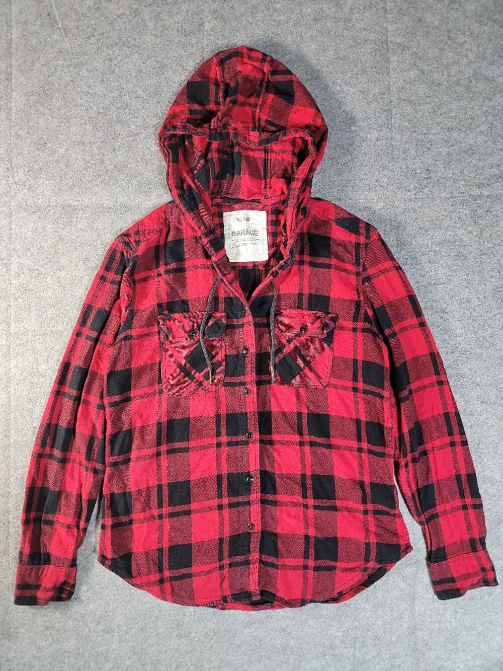 GARAGE Red Black Plaid Hooded Flannel Shirt Button Up Long Sleeve Size Small